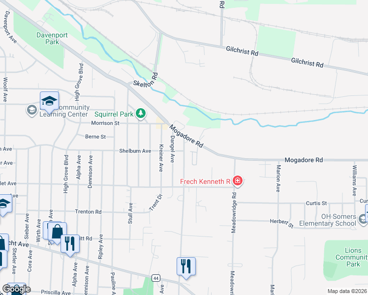 map of restaurants, bars, coffee shops, grocery stores, and more near 27 Columbine Avenue in Akron
