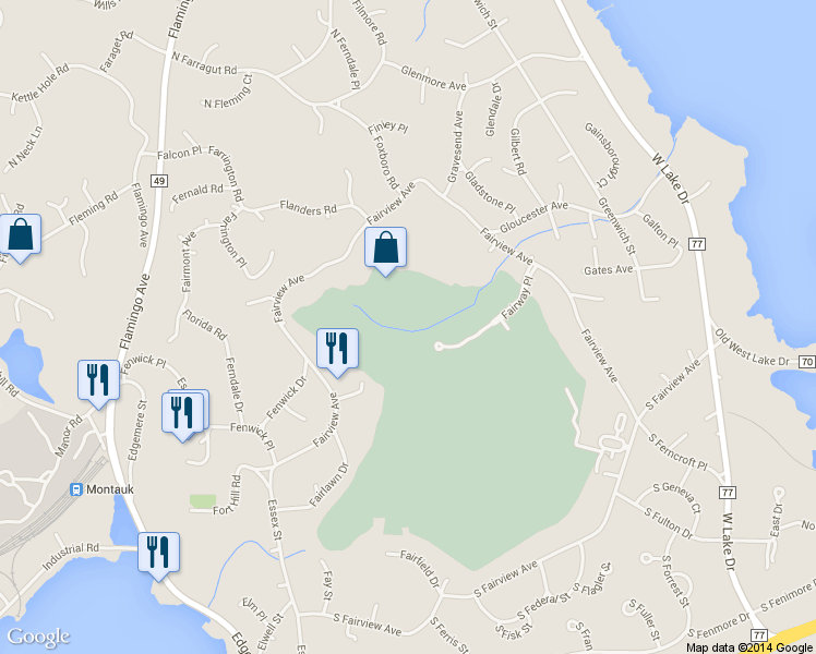 map of restaurants, bars, coffee shops, grocery stores, and more near 30 Fairway Place in Montauk