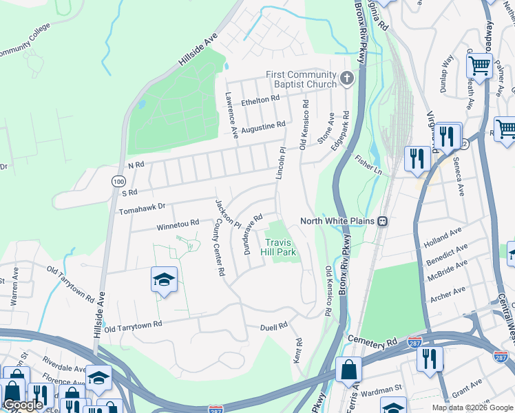 map of restaurants, bars, coffee shops, grocery stores, and more near 8 Manitou Trail in White Plains