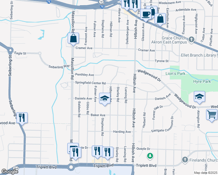 map of restaurants, bars, coffee shops, grocery stores, and more near 332 Hillman Road in Akron