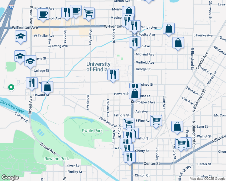 map of restaurants, bars, coffee shops, grocery stores, and more near 300 Howard Street in Findlay
