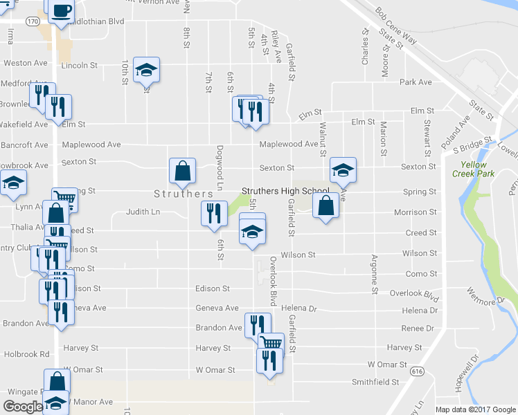 map of restaurants, bars, coffee shops, grocery stores, and more near 718 5th Street in Struthers