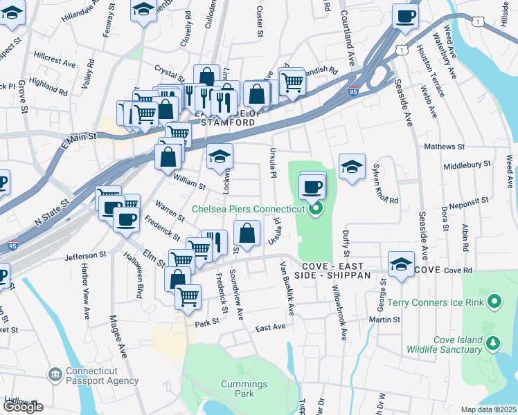 map of restaurants, bars, coffee shops, grocery stores, and more near 48 Woodrow Street in Stamford