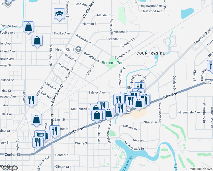 map of restaurants, bars, coffee shops, grocery stores, and more near 933 McManness Avenue in Findlay