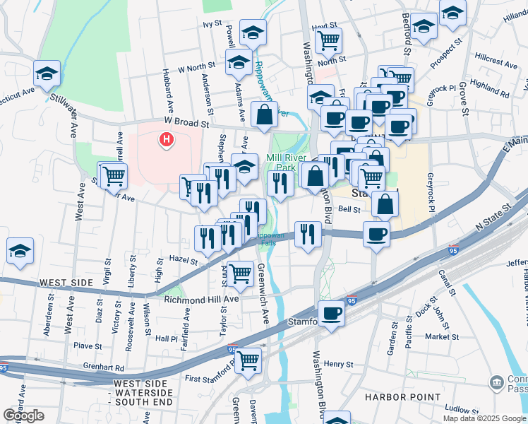 map of restaurants, bars, coffee shops, grocery stores, and more near 19 West Main Street in Stamford