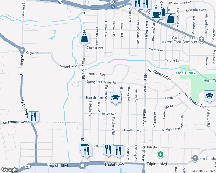 map of restaurants, bars, coffee shops, grocery stores, and more near 349 Fulmer Avenue in Akron