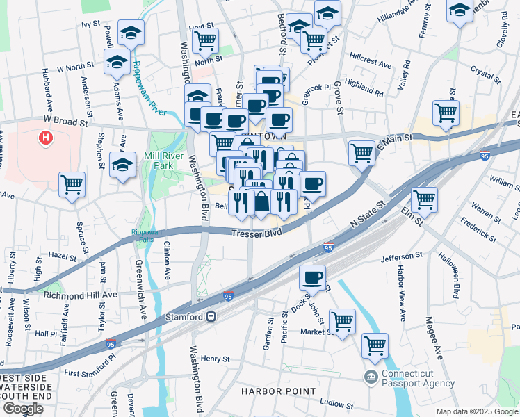 map of restaurants, bars, coffee shops, grocery stores, and more near 252 Atlantic Street in Stamford