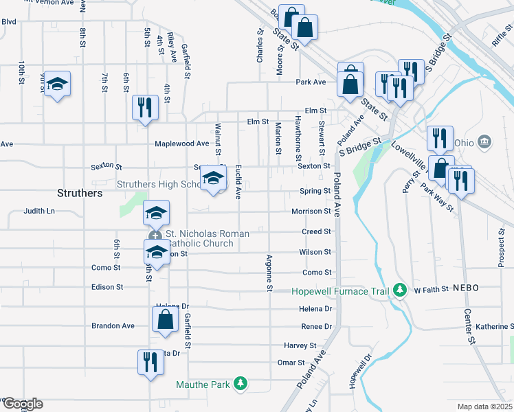 map of restaurants, bars, coffee shops, grocery stores, and more near 117 Morrison Street in Struthers