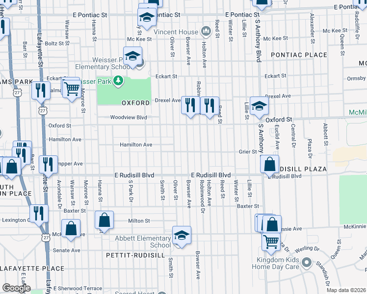 map of restaurants, bars, coffee shops, grocery stores, and more near 3622 Bowser Avenue in Fort Wayne