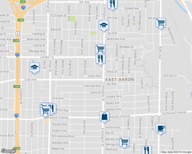 map of restaurants, bars, coffee shops, grocery stores, and more near 996 Clara Avenue in Akron