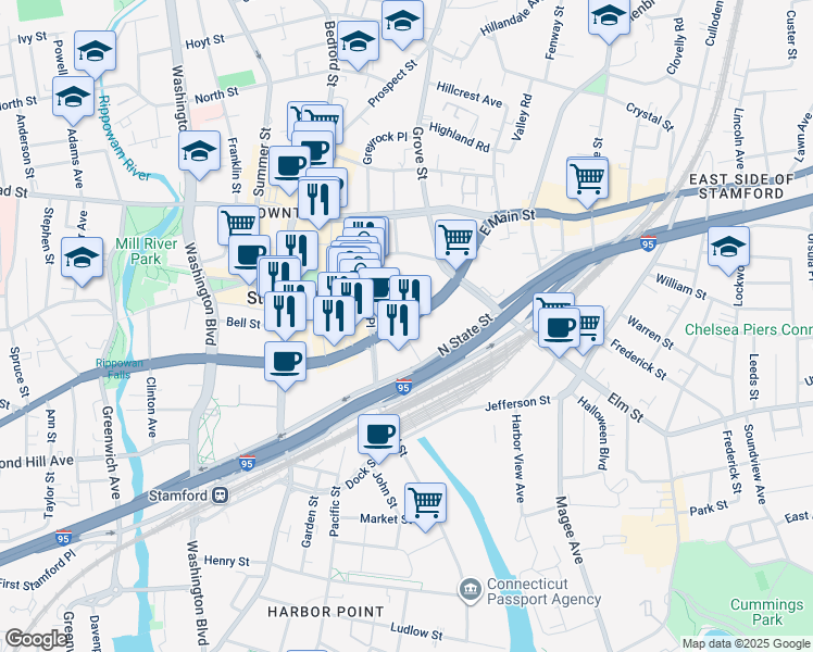 map of restaurants, bars, coffee shops, grocery stores, and more near 281 Tresser Boulevard in Stamford