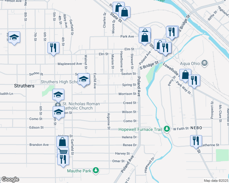 map of restaurants, bars, coffee shops, grocery stores, and more near 93 Morrison Street in Struthers