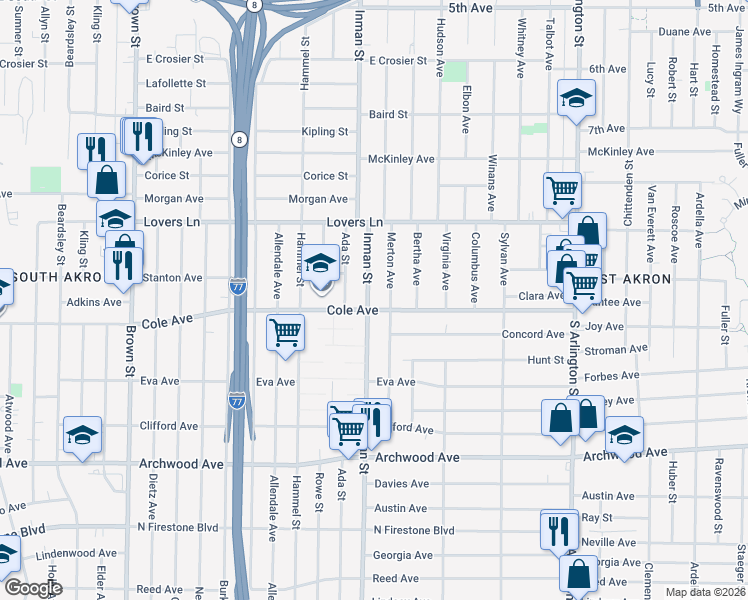 map of restaurants, bars, coffee shops, grocery stores, and more near 967 Inman St in Akron