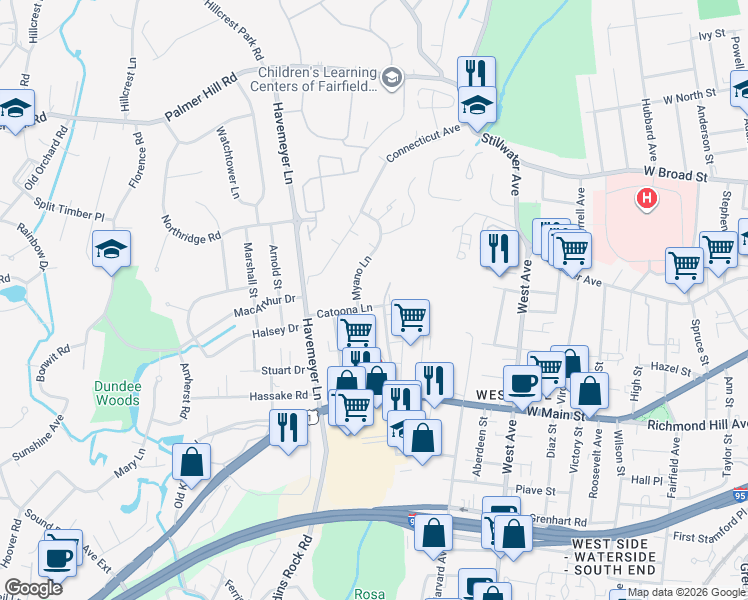 map of restaurants, bars, coffee shops, grocery stores, and more near in Stamford