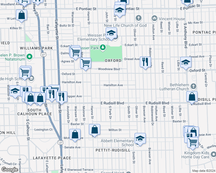 map of restaurants, bars, coffee shops, grocery stores, and more near 832 Hamilton Avenue in Fort Wayne
