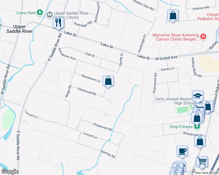 map of restaurants, bars, coffee shops, grocery stores, and more near 12 White Pine Road in Upper Saddle River