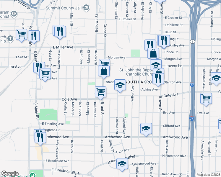 map of restaurants, bars, coffee shops, grocery stores, and more near 1136 Hinman Court in Akron