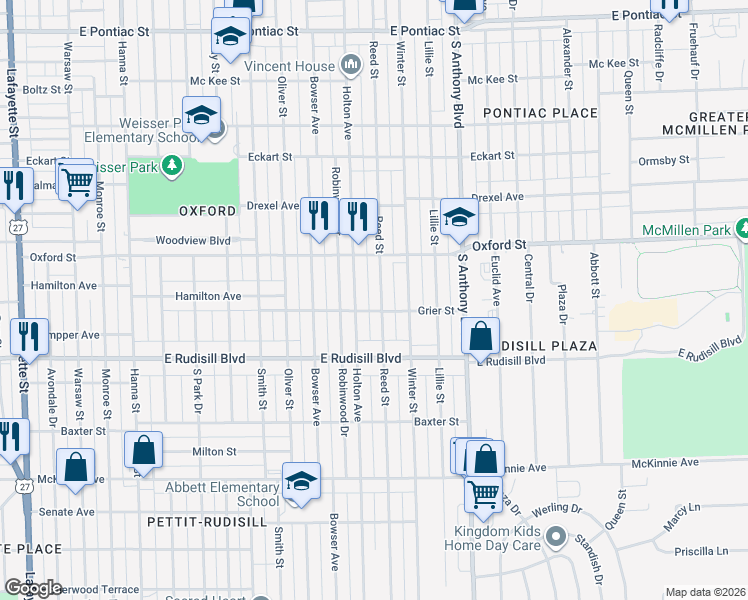map of restaurants, bars, coffee shops, grocery stores, and more near 3618 Reed Street in Fort Wayne