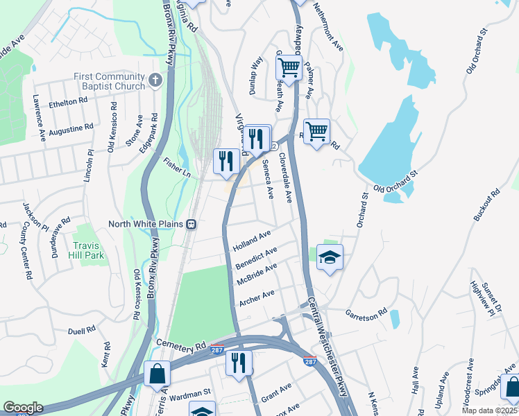 map of restaurants, bars, coffee shops, grocery stores, and more near 16 Harwood Avenue in White Plains