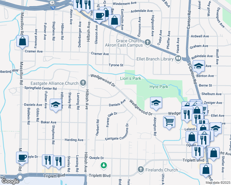 map of restaurants, bars, coffee shops, grocery stores, and more near 2199 Springfield Center Road in Akron