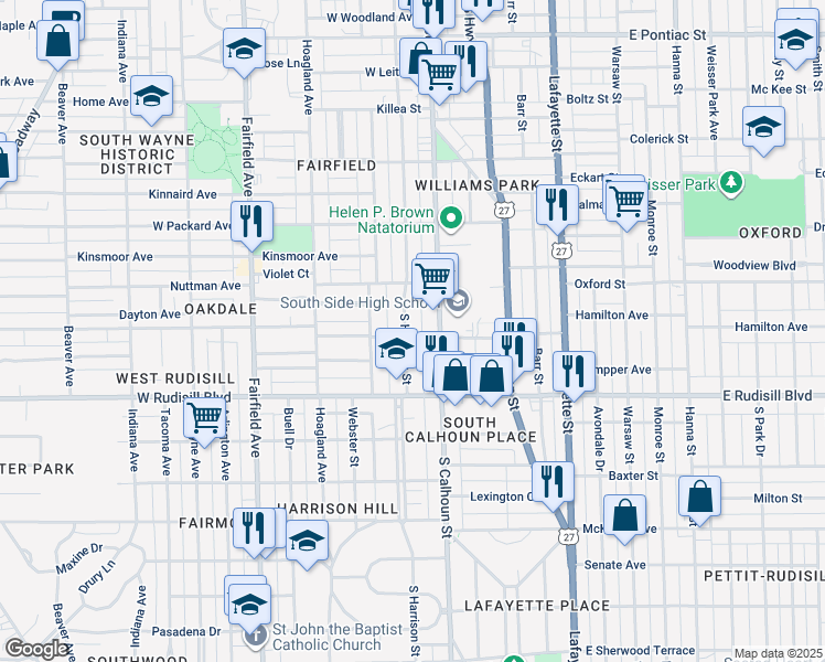 map of restaurants, bars, coffee shops, grocery stores, and more near 3625 South Harrison Street in Fort Wayne