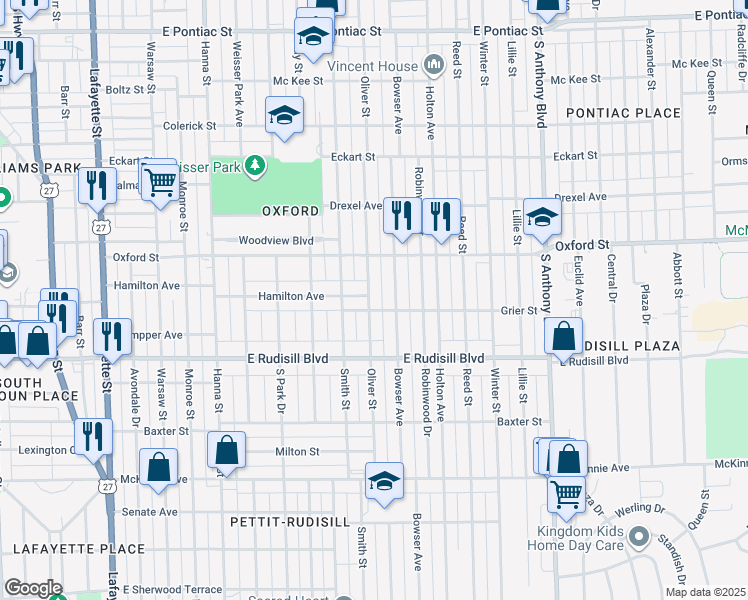 map of restaurants, bars, coffee shops, grocery stores, and more near 3622 Bowser Avenue in Fort Wayne