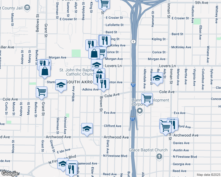 map of restaurants, bars, coffee shops, grocery stores, and more near 1089 Dietz Avenue in Akron