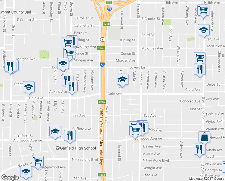 map of restaurants, bars, coffee shops, grocery stores, and more near 1000 Allendale Avenue in Akron