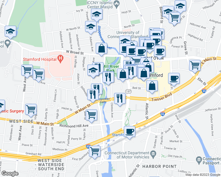 map of restaurants, bars, coffee shops, grocery stores, and more near 9 Clinton Avenue in Stamford