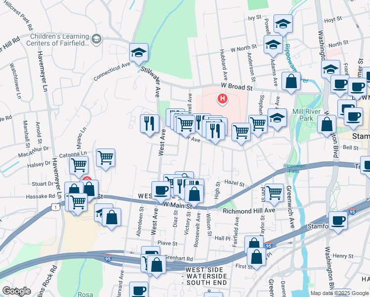map of restaurants, bars, coffee shops, grocery stores, and more near 108 Virgil Street in Stamford