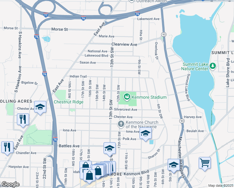 map of restaurants, bars, coffee shops, grocery stores, and more near 1896 12th St SW in Akron
