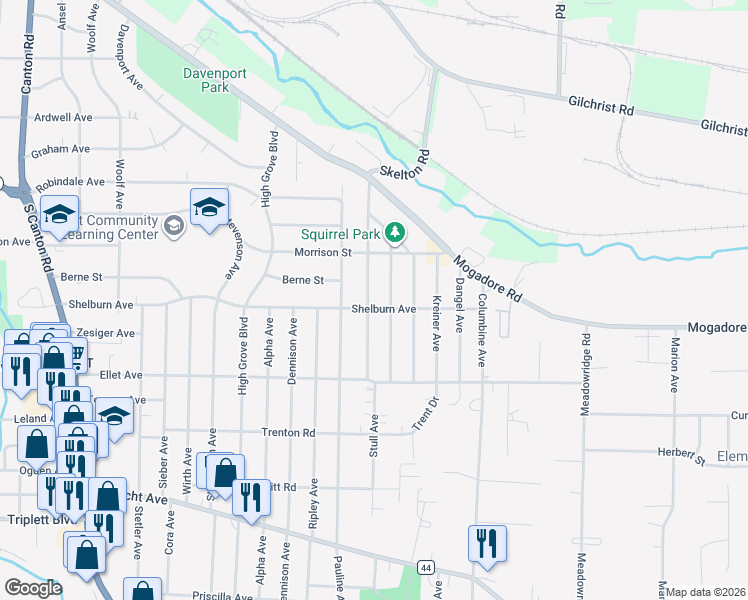 map of restaurants, bars, coffee shops, grocery stores, and more near 145 Stull Avenue in Akron
