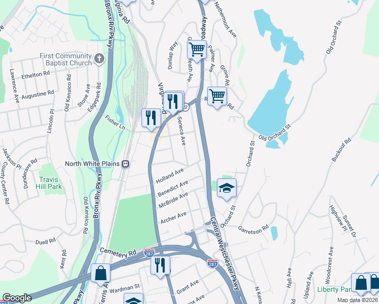 map of restaurants, bars, coffee shops, grocery stores, and more near 24 Seneca Avenue in White Plains