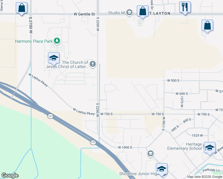 map of restaurants, bars, coffee shops, grocery stores, and more near 2090 West Foxtail Drive in Layton