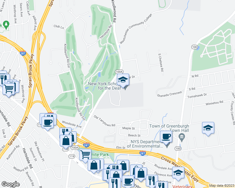 map of restaurants, bars, coffee shops, grocery stores, and more near 555 Knollwood Road in White Plains
