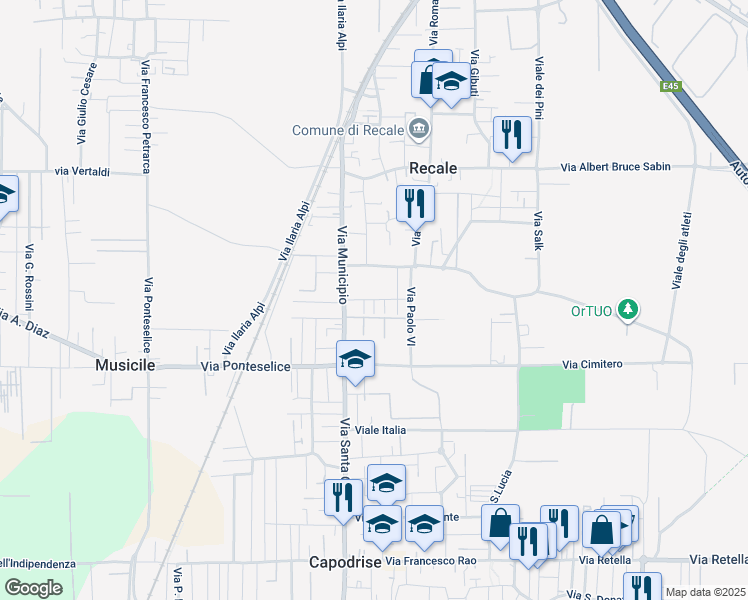map of restaurants, bars, coffee shops, grocery stores, and more near 26 Via Giovanni Verga in Recale