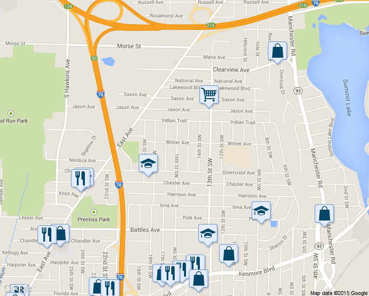 map of restaurants, bars, coffee shops, grocery stores, and more near 1904 15th St SW in Akron