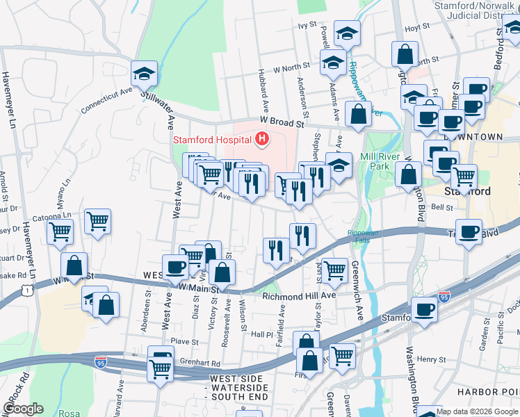 map of restaurants, bars, coffee shops, grocery stores, and more near 154 Stillwater Avenue in Stamford