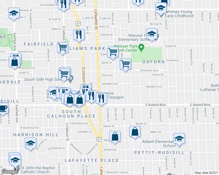 map of restaurants, bars, coffee shops, grocery stores, and more near 3615 Avondale Drive in Fort Wayne