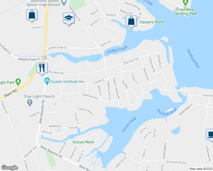map of restaurants, bars, coffee shops, grocery stores, and more near 4330 Oaklawn Avenue Extension in Southold