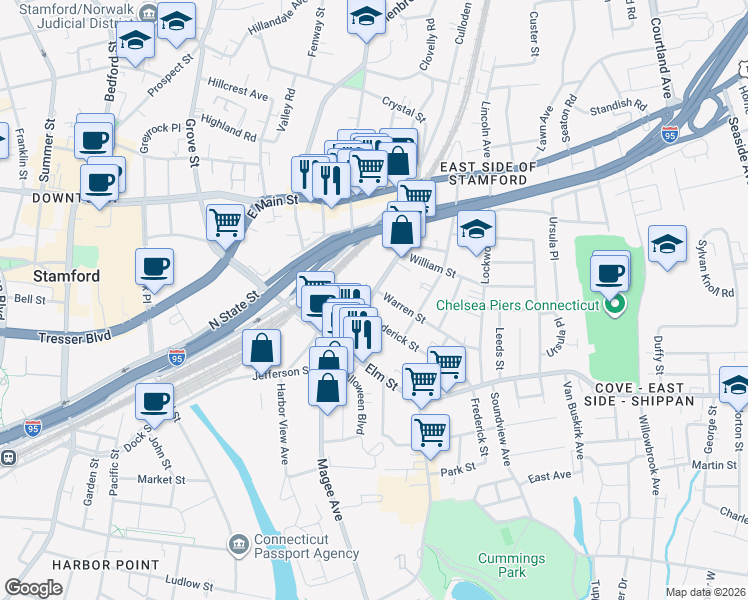 map of restaurants, bars, coffee shops, grocery stores, and more near 129 Myrtle Avenue in Stamford