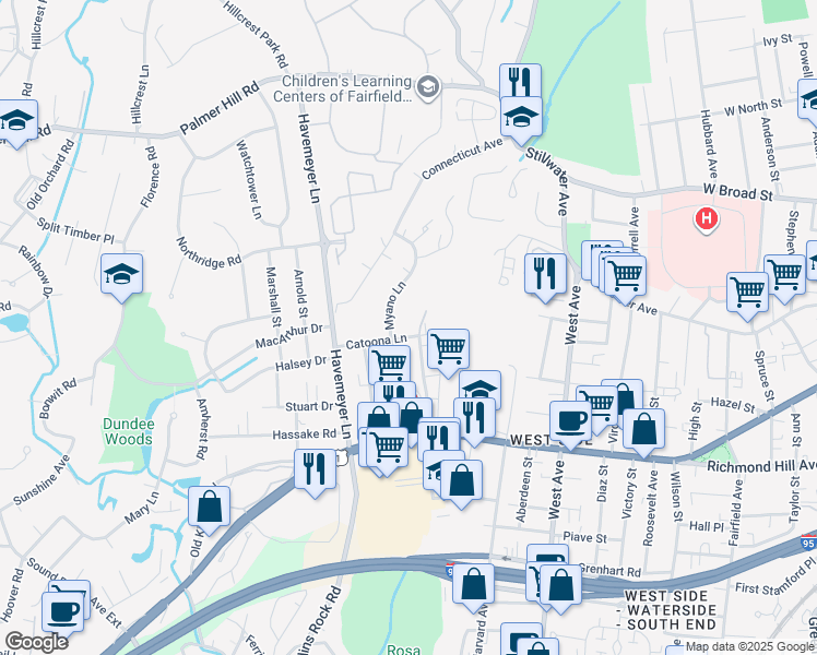 map of restaurants, bars, coffee shops, grocery stores, and more near in Stamford