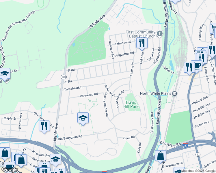 map of restaurants, bars, coffee shops, grocery stores, and more near 360 County Center Road in White Plains