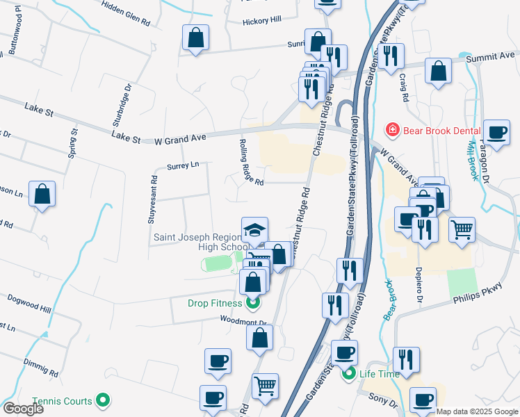 map of restaurants, bars, coffee shops, grocery stores, and more near 64 Chestnut Ridge Road in Montvale