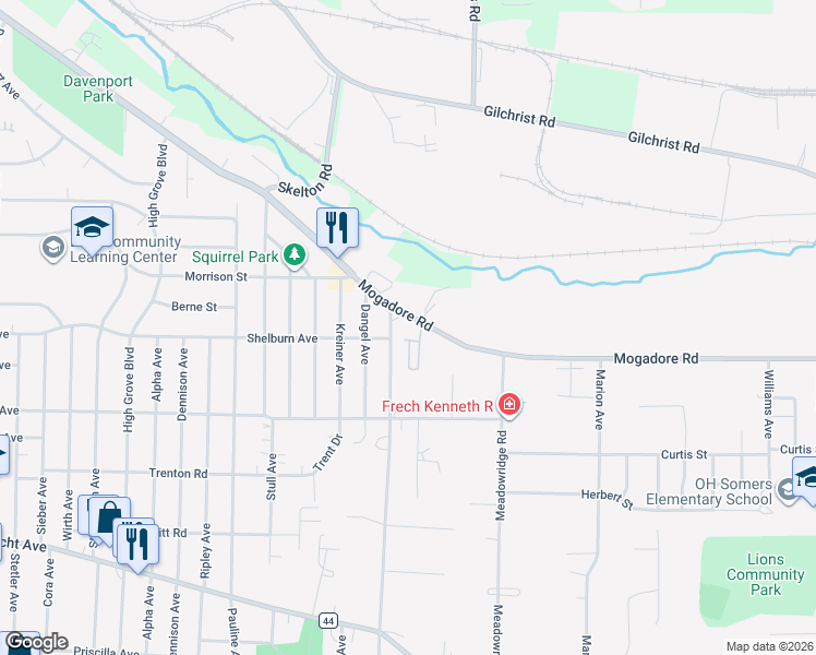 map of restaurants, bars, coffee shops, grocery stores, and more near 27 Columbine Avenue in Akron