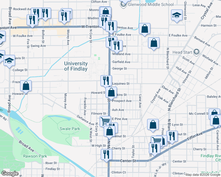 map of restaurants, bars, coffee shops, grocery stores, and more near 950-998 North Main Street in Findlay