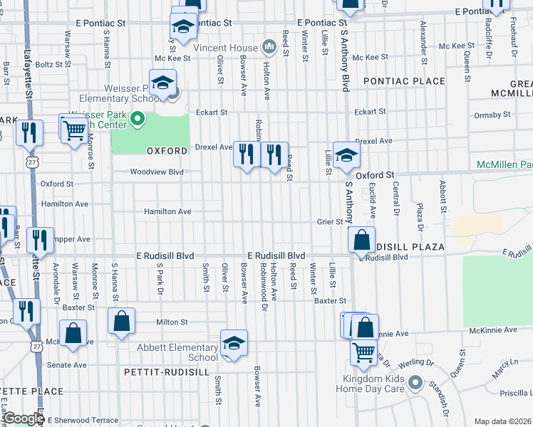 map of restaurants, bars, coffee shops, grocery stores, and more near 3618 Robinwood Drive in Fort Wayne