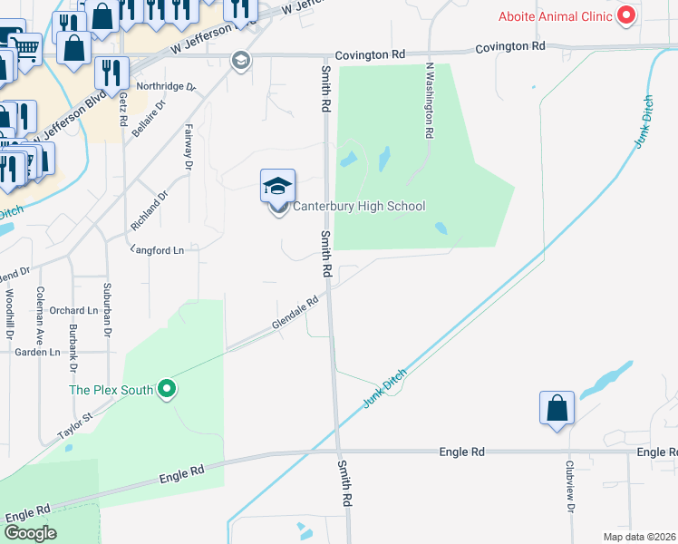 map of restaurants, bars, coffee shops, grocery stores, and more near 3599 Saint Alban Court in Fort Wayne