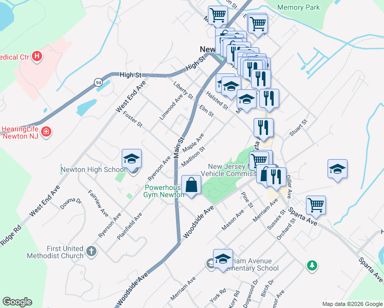 map of restaurants, bars, coffee shops, grocery stores, and more near 82 Madison Street in Newton