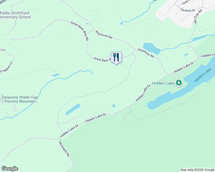 map of restaurants, bars, coffee shops, grocery stores, and more near 38 Rising Meadow Way in East Stroudsburg